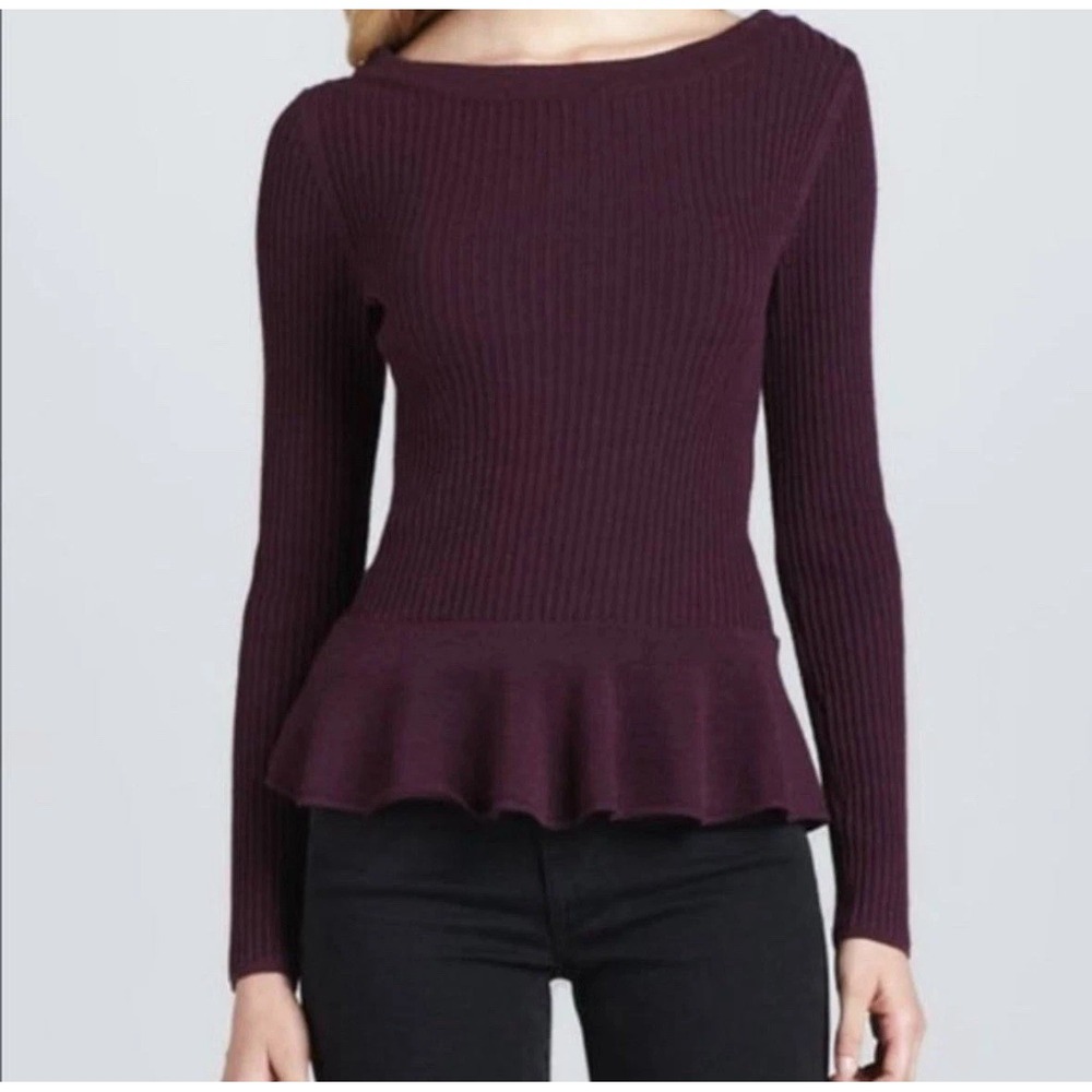 Tory Burch Ramona Peplum Sweater Merino Wool Ribbed Ruffle‎ Plum Purple sz Small